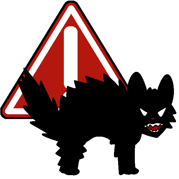 A big red and white hazard triangle with a hissing, arching cat in silhouette in front of it. 